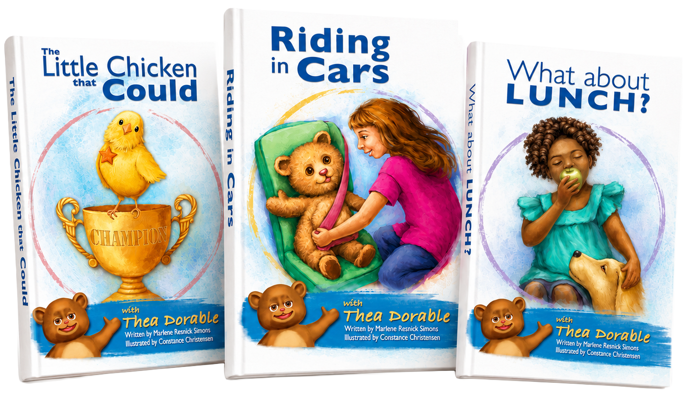 Three colorful children’s book covers displayed in a dynamic, slightly overlapping horizontal arrangement. “Riding in Cars” appears on the left, “The Little Chicken that Could” is centered and featured most prominently, and “What about Lunch?” is on the right, all set against a soft pastel watercolor background with playful brushstroke swirls.
