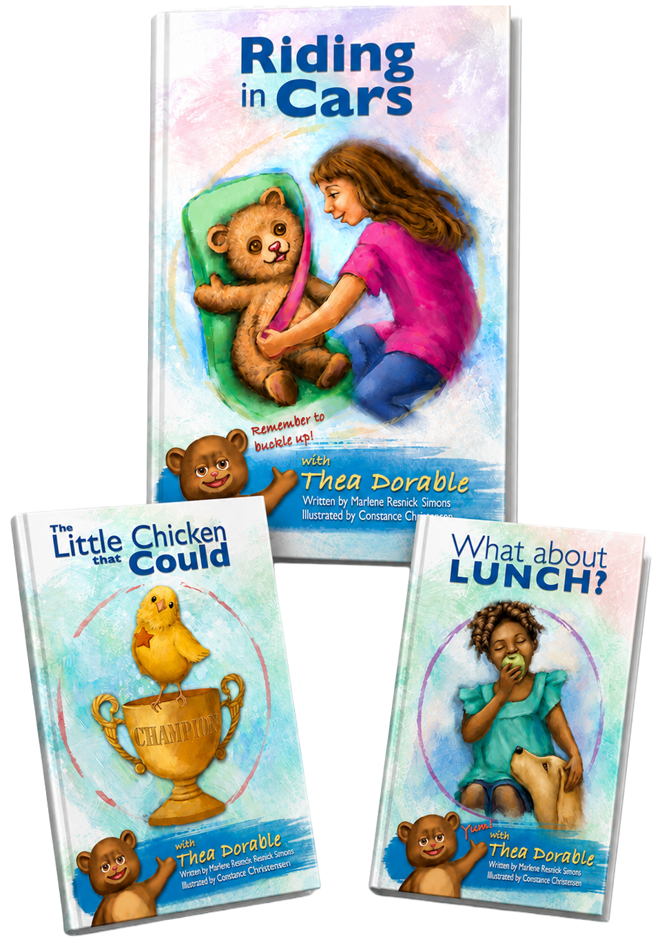 Three colorful children’s book covers displayed in a dynamic, slightly overlapping horizontal arrangement. “Riding in Cars” appears on the left, “The Little Chicken that Could” is centered and featured most prominently, and “What about Lunch?” is on the right, all set against a soft pastel watercolor background with playful brushstroke swirls.