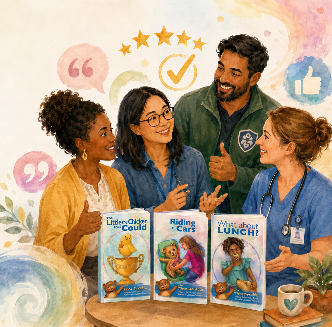 Watercolor-style illustration of a diverse group of professionals smiling and discussing three Thea Dorable children’s books, with review icons, stars, and soft colorful swirls in the background.