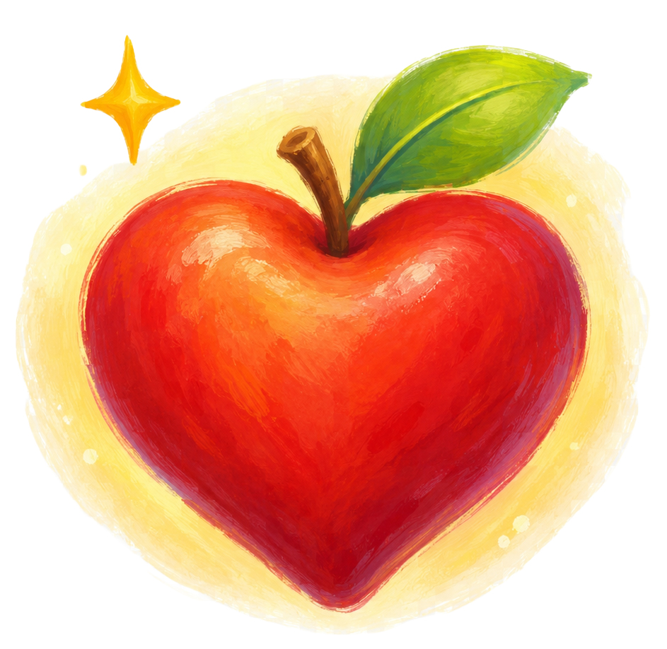 Alt text: Colorful illustration of a heart-shaped red apple with a green leaf, surrounded by a soft yellow glow and a small star.