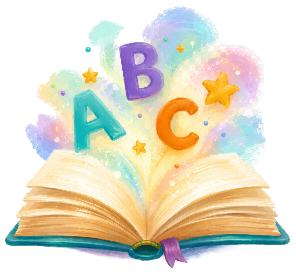 Alt text: Colorful illustration of an open book with large ABC letters, stars, and pastel swirls rising from the pages.