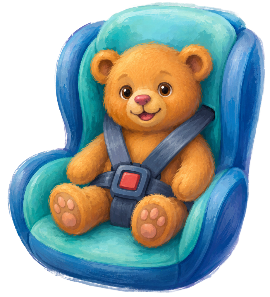Alt text: Colorful illustration of a smiling teddy bear buckled into a blue and teal car seat.