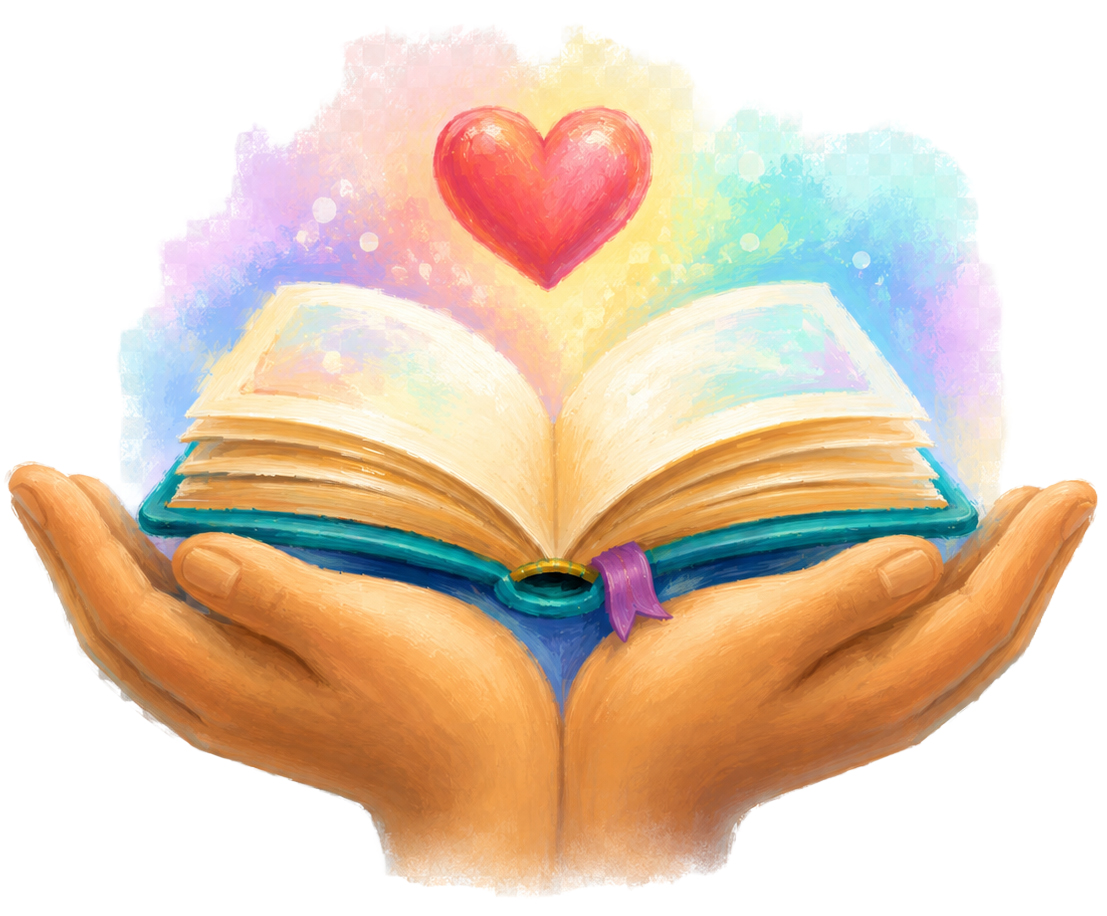 Colorful illustration of open hands holding a book, with a red heart and pastel swirls above the pages.