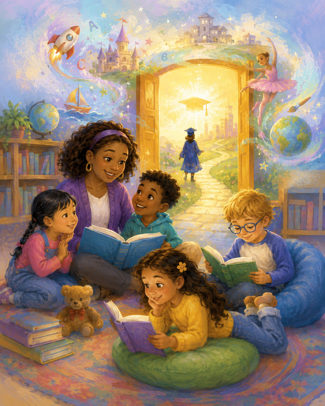 colorful illustration of a teacher reading with a diverse group of children in a cozy classroom, surrounded by books, a teddy bear, and whimsical scenes of imagination and learning.