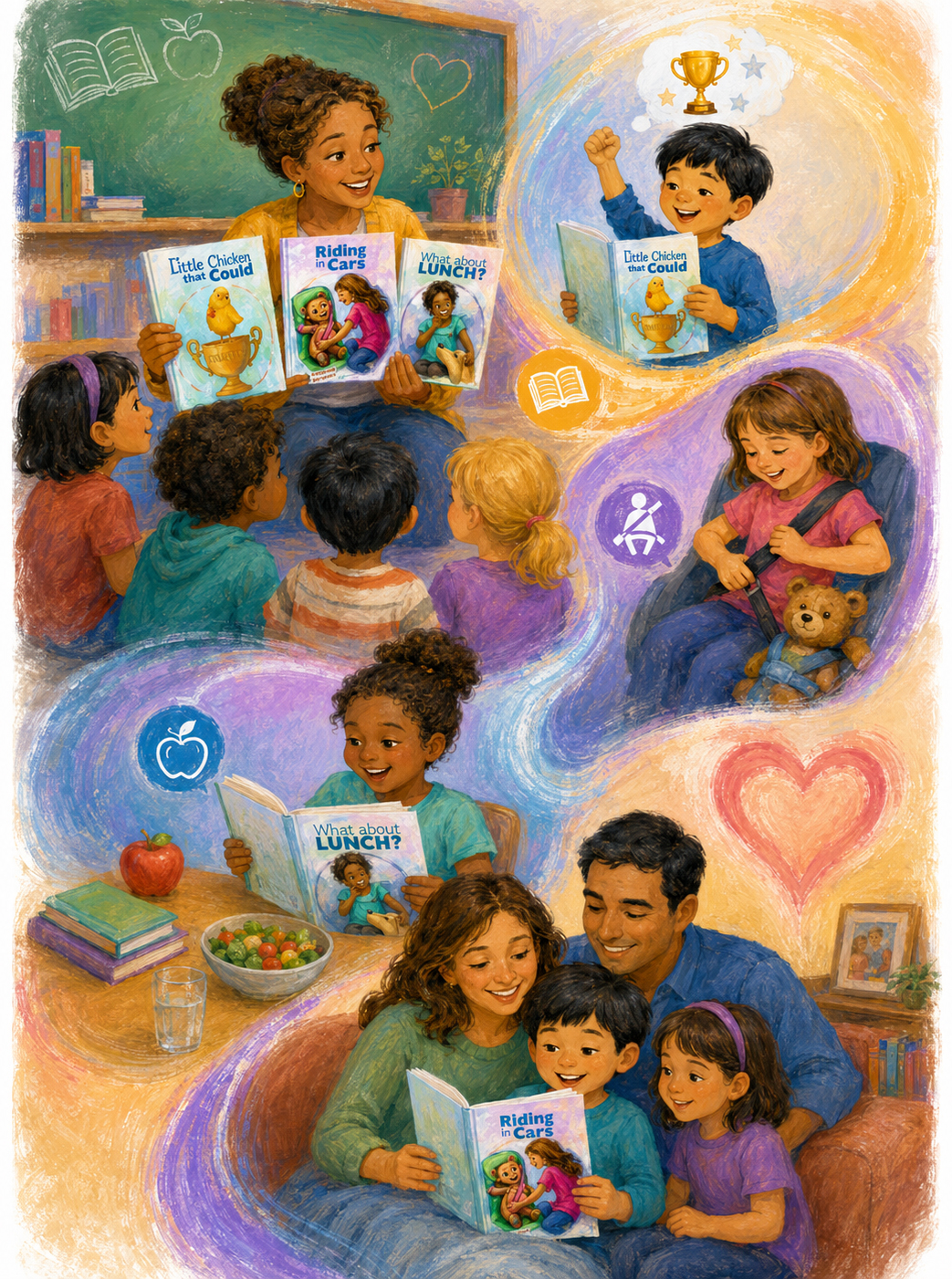 Warm illustrated collage showing children, a teacher, and a family reading Thea Dorable books about reading, car safety, lunch, and confidence.